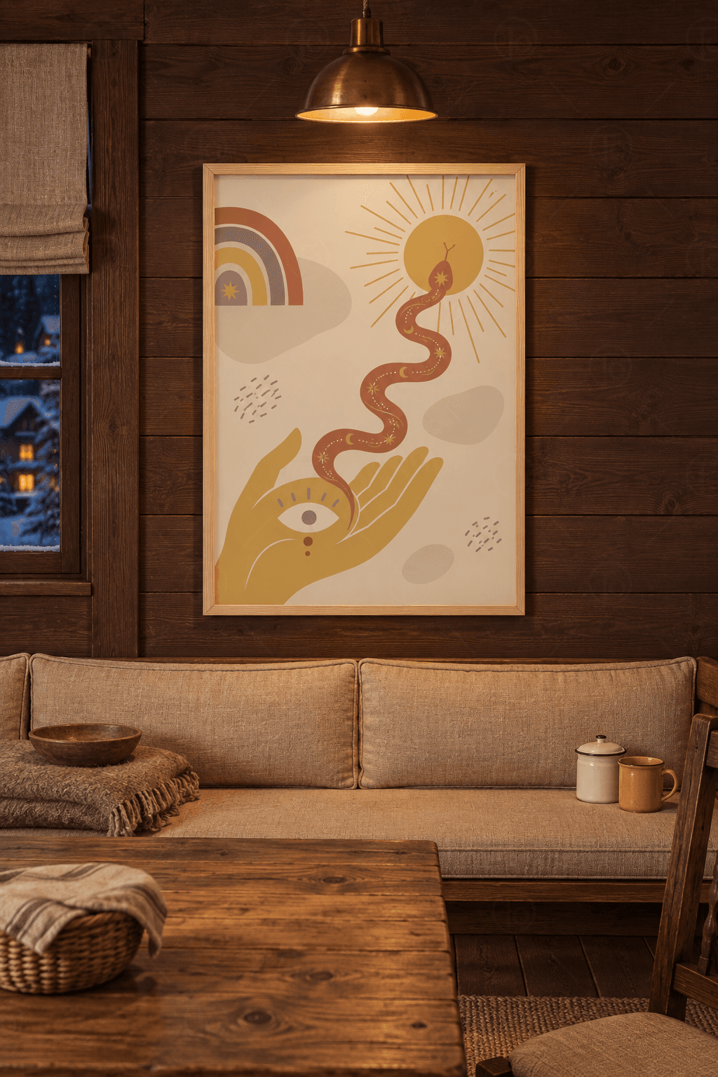 Ahşap çerçeveli boho motif tablosu — bej zeminde göz motifli hardal el, yıldız desenli yılan, ışınlı güneş ve gökkuşağı