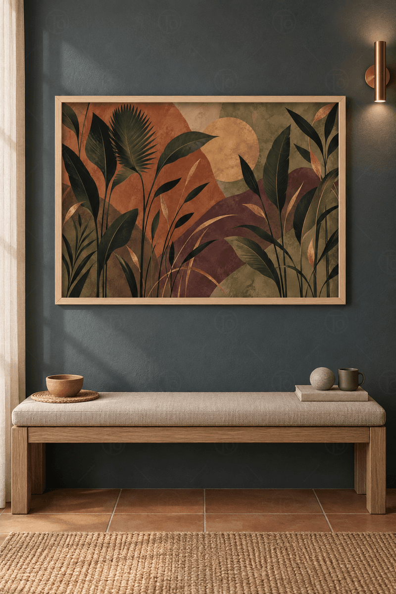 Ahşap çerçeveli tropik yaprak tablosu — kiremit ve haki zeminde hardal yuvarlak, koyu yeşil yapraklar ve palmiye