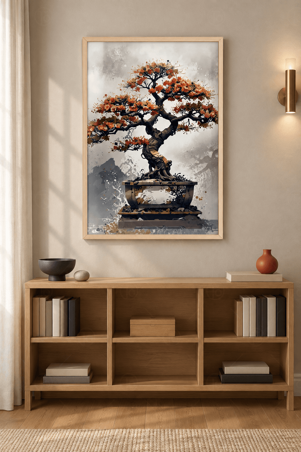 Ahşap çerçeveli botanik tablo — gri mürekkep dokulu zeminde turuncu çiçeklerle dolu bonsai ve geniş seramik kap