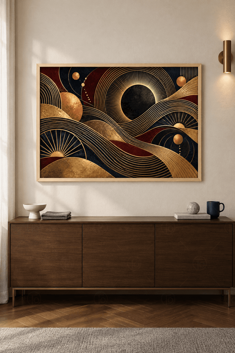 Ahşap çerçeveli art deco tablosu — gece mavisi zeminde altın çizgili dalgalar, ışınlı siyah güneş ve bakır küreler
