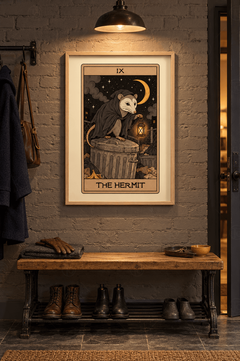 Ahşap çerçeveli opossum tablosu — pelerinli opossum çöp kovası üstünde fener tutuyor, gece göğünde sarı hilal