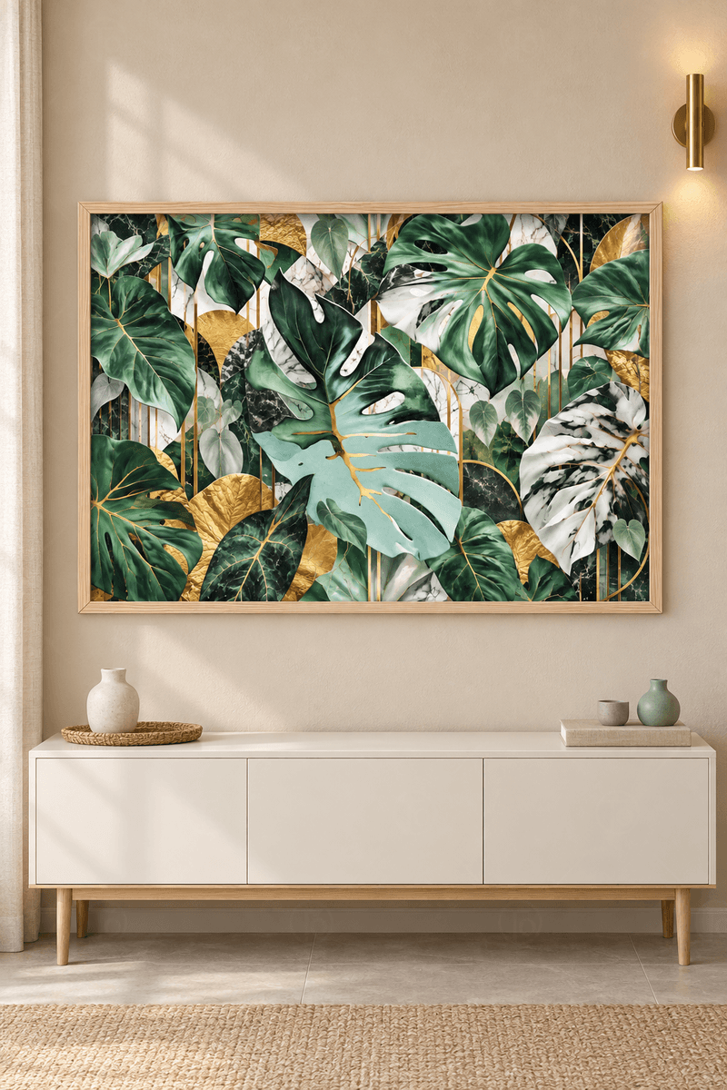 Ahşap çerçeveli monstera tablosu — koyu yeşil, nane ve mermer damarlı yapraklar arasında altın varaklı yapraklar