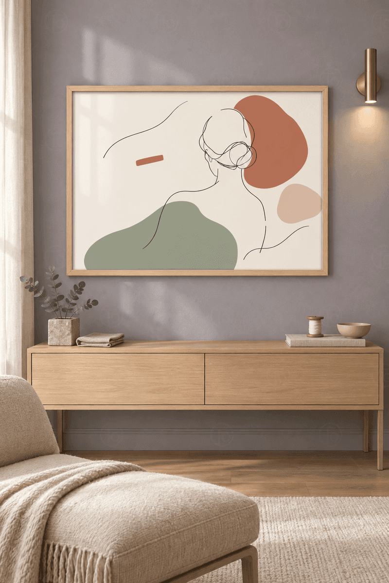 Ahşap çerçeveli line art tablosu — krem zeminde tek çizgiyle çizilmiş topuz saçlı kadın, terakota ve adaçayı lekeler