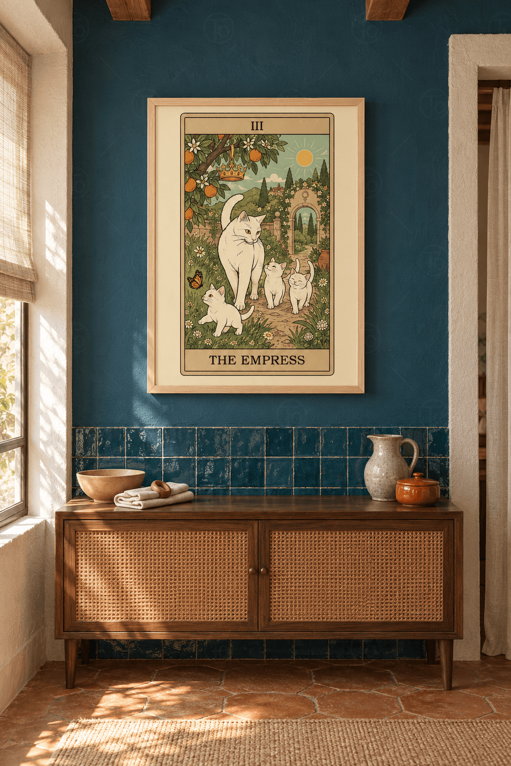 Ahşap çerçeveli The Empress kedi tablosu — portakal ağacından sarkan altın taç altında üç yavrusuyla yürüyen beyaz kedi