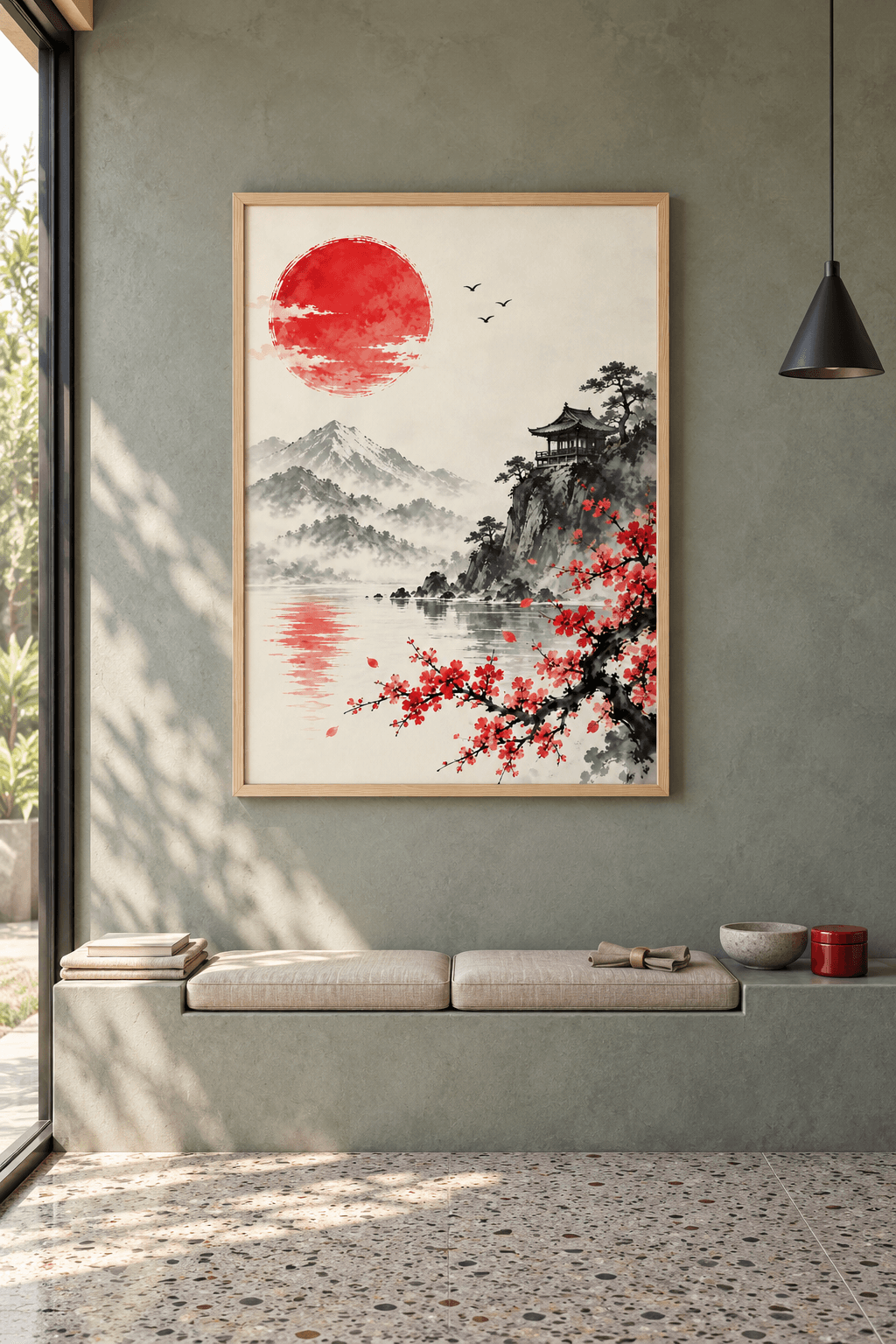 Ahşap çerçeveli Japon manzara tablosu — sol üstte kızıl güneş, karlı dağ, çamlı uçurumda köşk ve kırmızı çiçekli dal