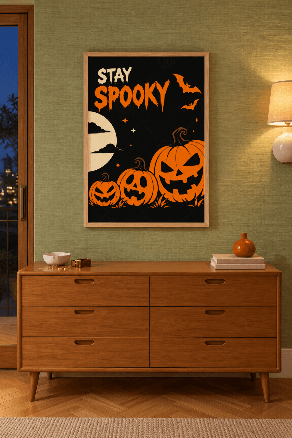 Ahşap çerçeveli Stay Spooky tablosu — siyah zeminde dizili üç oyma balkabağı, yarım krem dolunay ve damlalı turuncu yazı