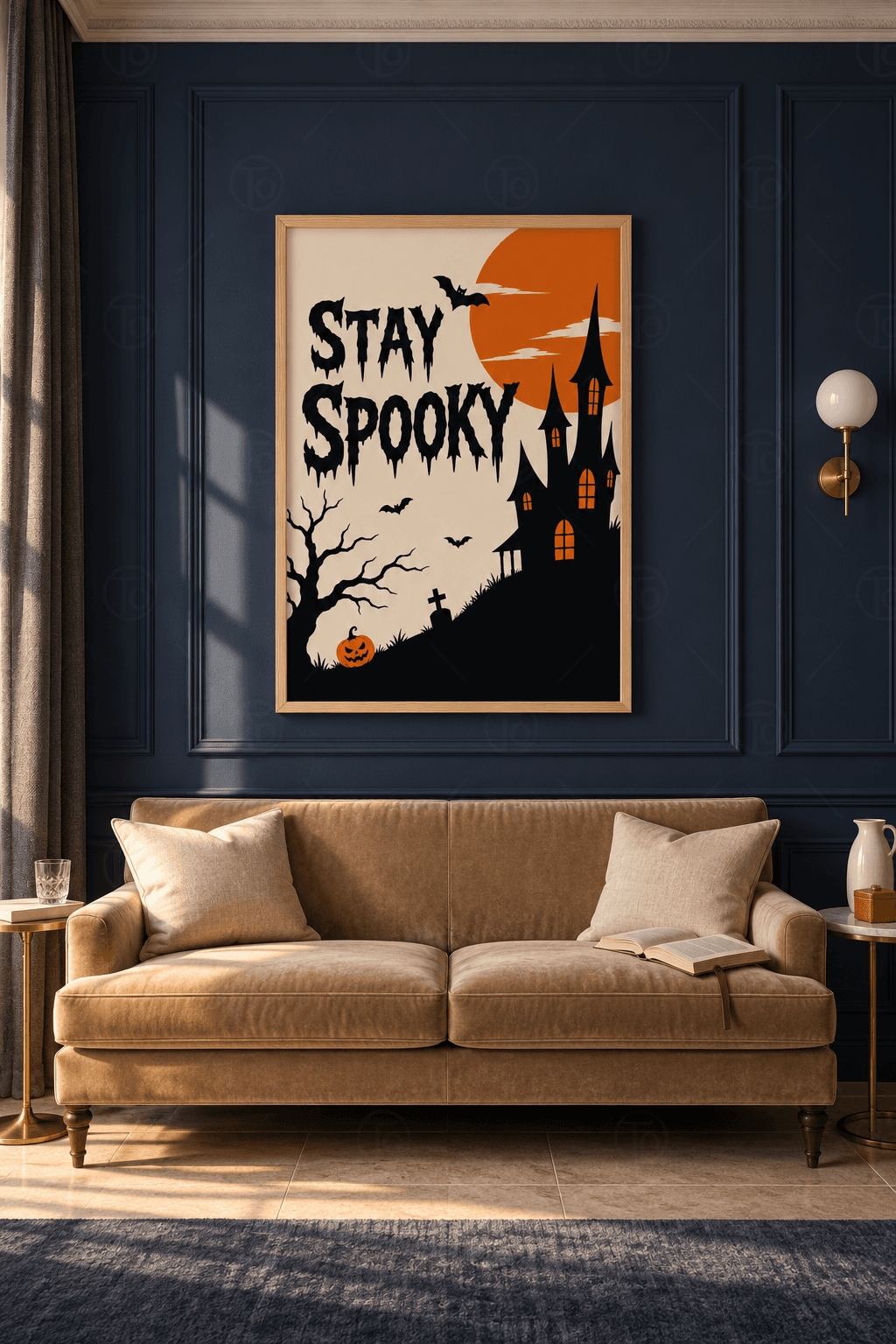 Ahşap çerçeveli Stay Spooky tablosu — krem zeminde damlalı siyah yazı, turuncu dolunay önünde kuleli köşk ve yapraksız ağaç