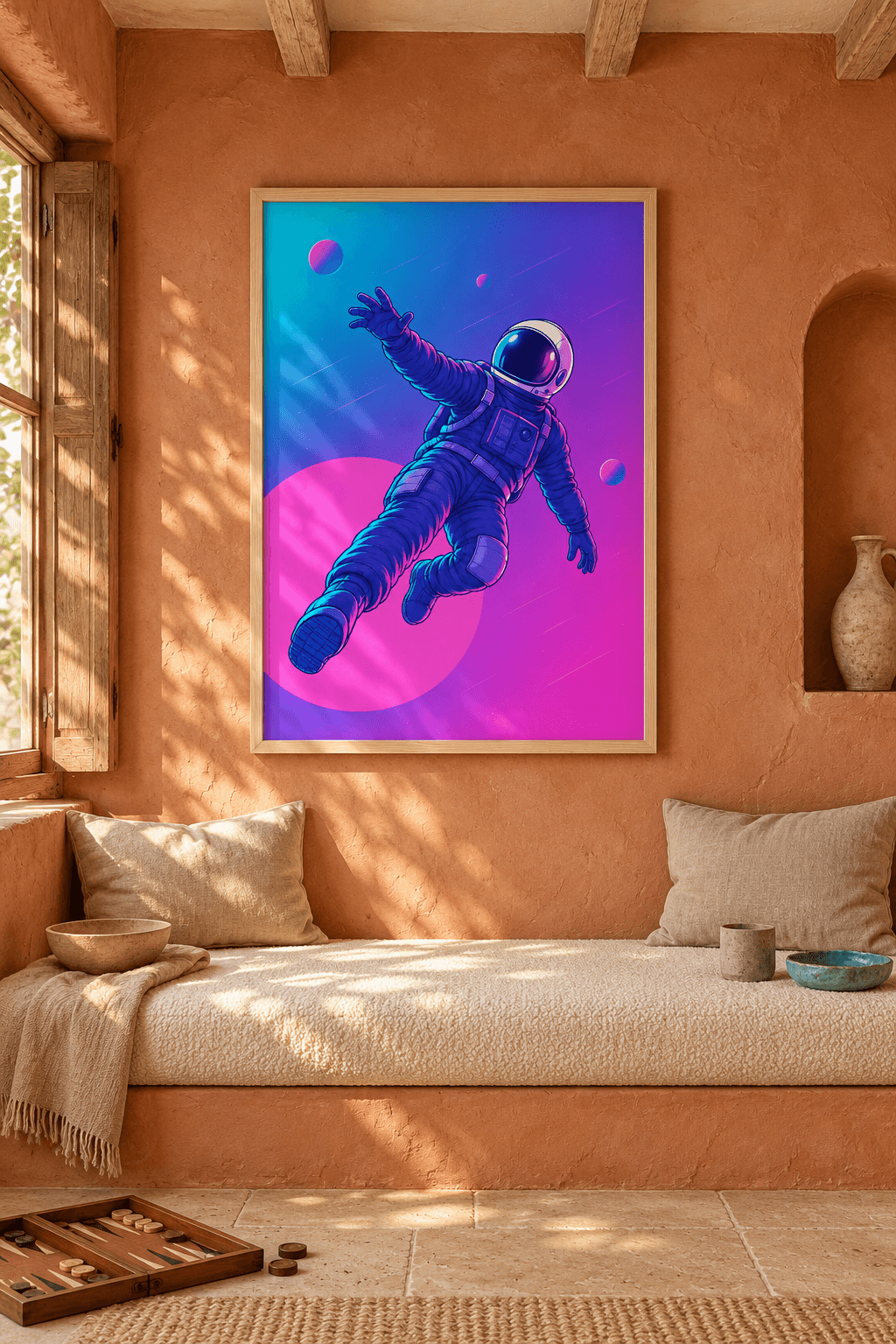 Ahşap çerçeveli astronot tablosu — turkuaz-pembe gökte kolunu uzatıp süzülen astronot ve büyük pembe küre