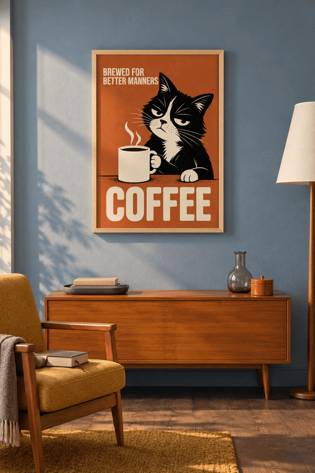 Ahşap çerçeveli retro kahve tablosu — kiremit zeminde krem kupayı tutan siyah-beyaz huysuz kedi ve iri COFFEE yazısı