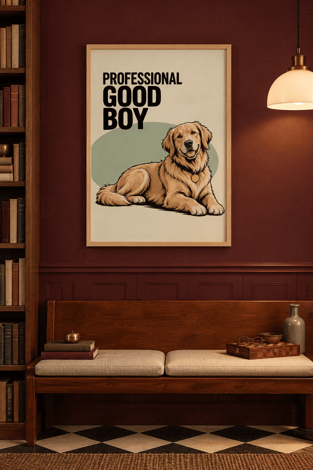 Ahşap çerçeveli köpek tablosu — krem zeminde adaçayı yeşili oval önünde uzanan, künyeli gülümseyen golden retriever