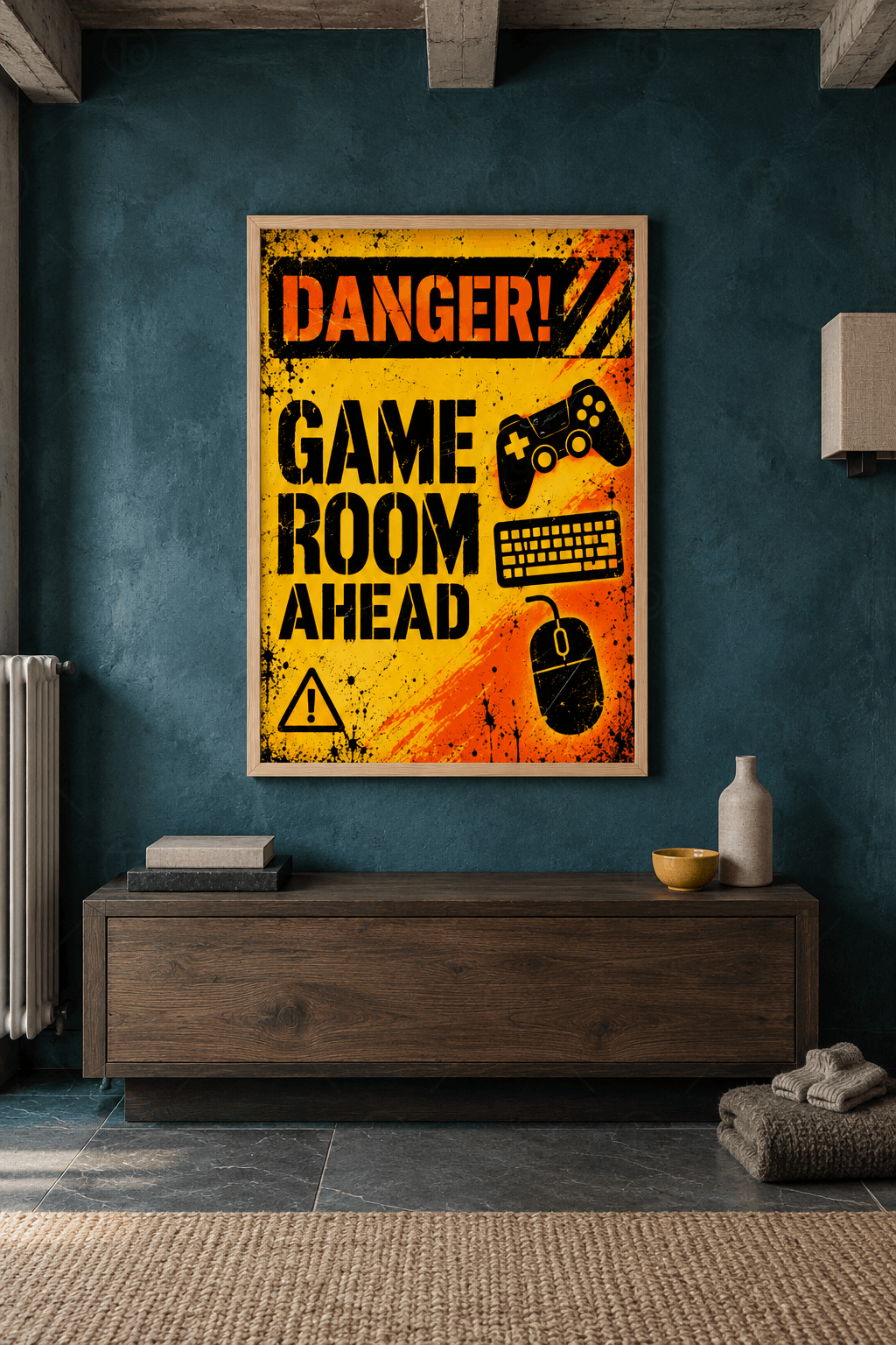 Ahşap çerçeveli oyun odası tablosu — sarı-turuncu uyarı levhasında Danger! Game Room Ahead yazısı, oyun kolu, klavye, fare