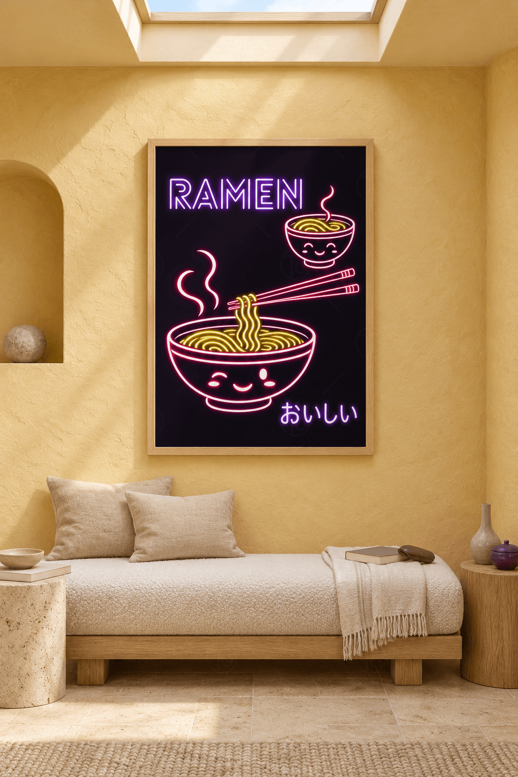 Ahşap çerçeveli neon ramen tablosu — koyu zeminde mor RAMEN yazısı, pembe çubuklarla erişte kalkan büyük kase ve küçük kase