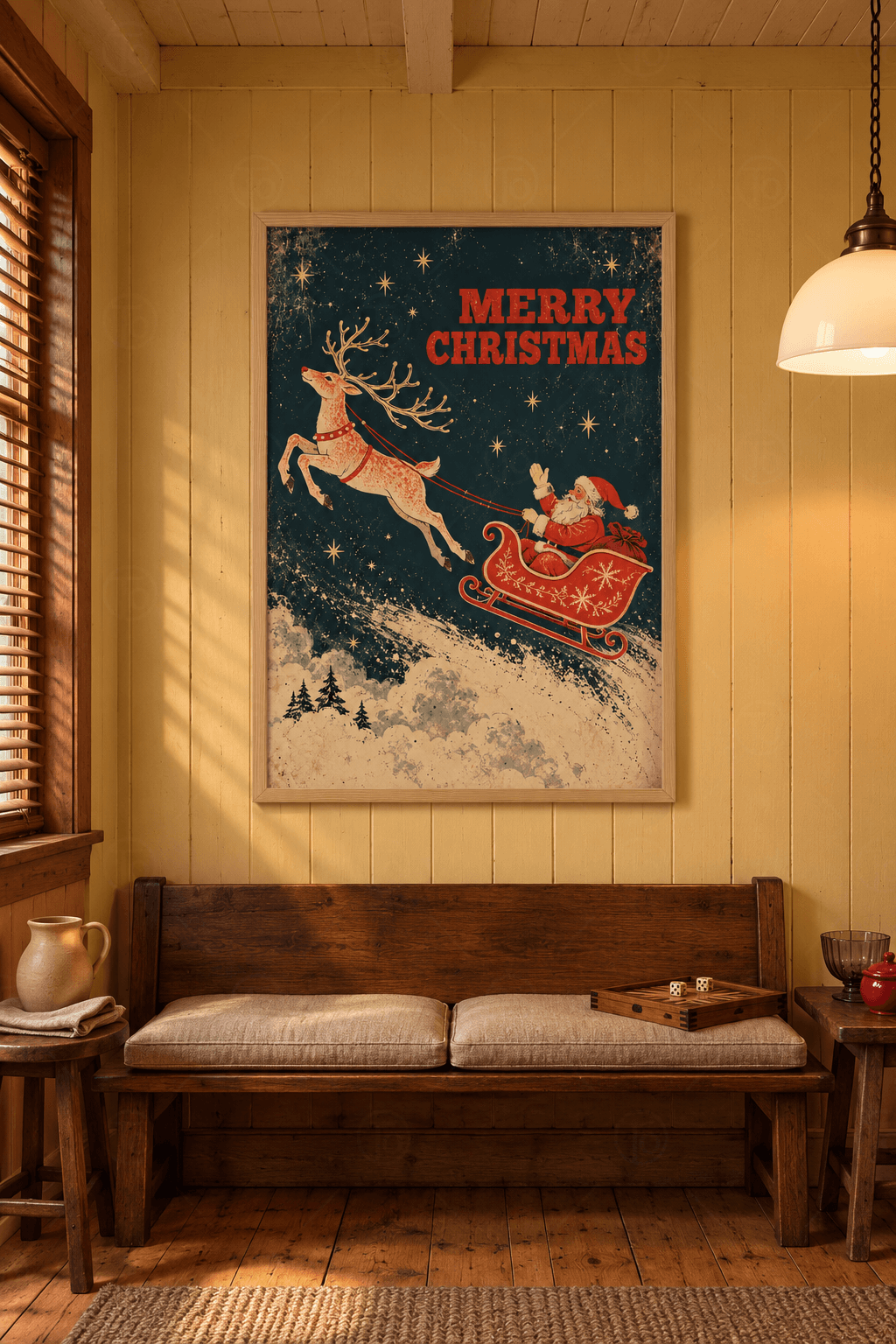 Ahşap çerçeveli yılbaşı tablosu — yıldızlı koyu yeşil gökte ren geyiğinin çektiği kırmızı kızakta el sallayan Noel Baba