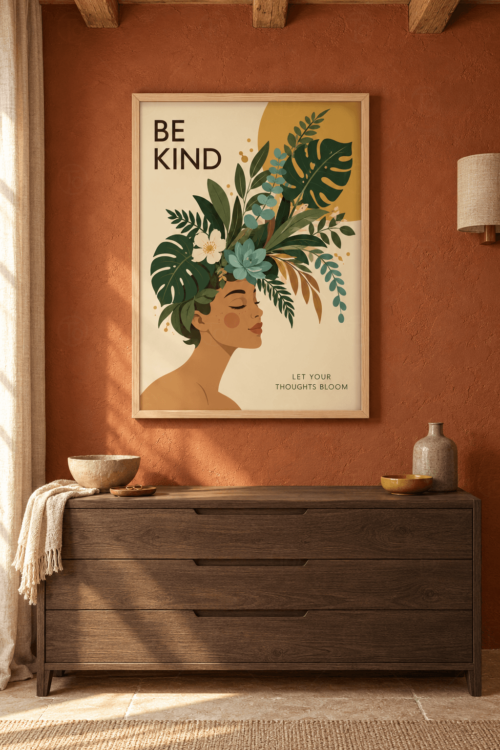 Ahşap çerçeveli Be Kind tablosu — krem zeminde saçları monstera ve okaliptüs yapraklarından oluşan kadın profili