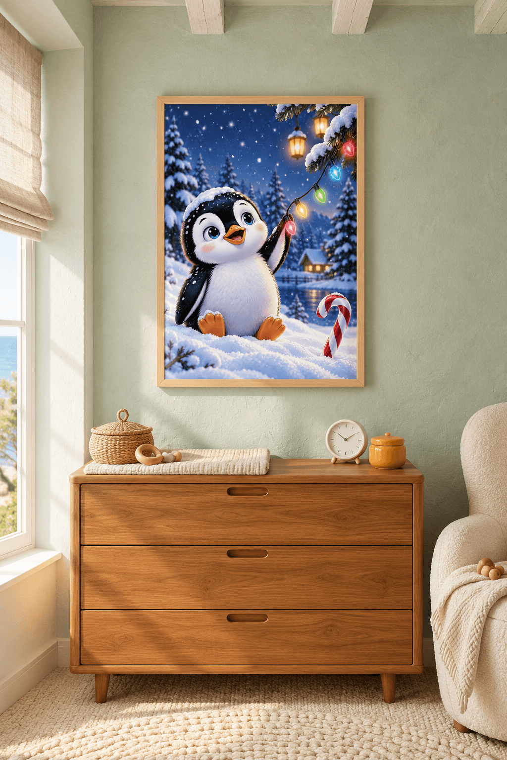Ahşap çerçeveli penguen tablosu — karlı gecede çam dalından sarkan renkli Noel ışıklarına kanadını uzatan penguen yavrusu