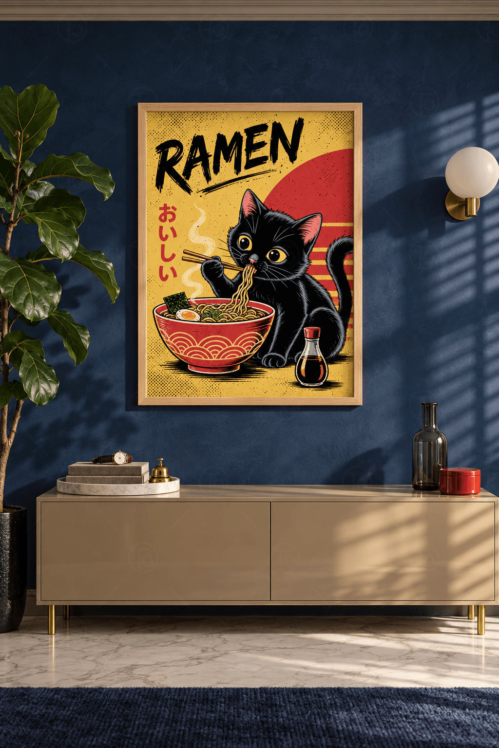 Ahşap çerçeveli ramen tablosu — hardal zeminde kırmızı kâseden çubuklarla erişte çeken kara yavru kedi ve kızıl güneş