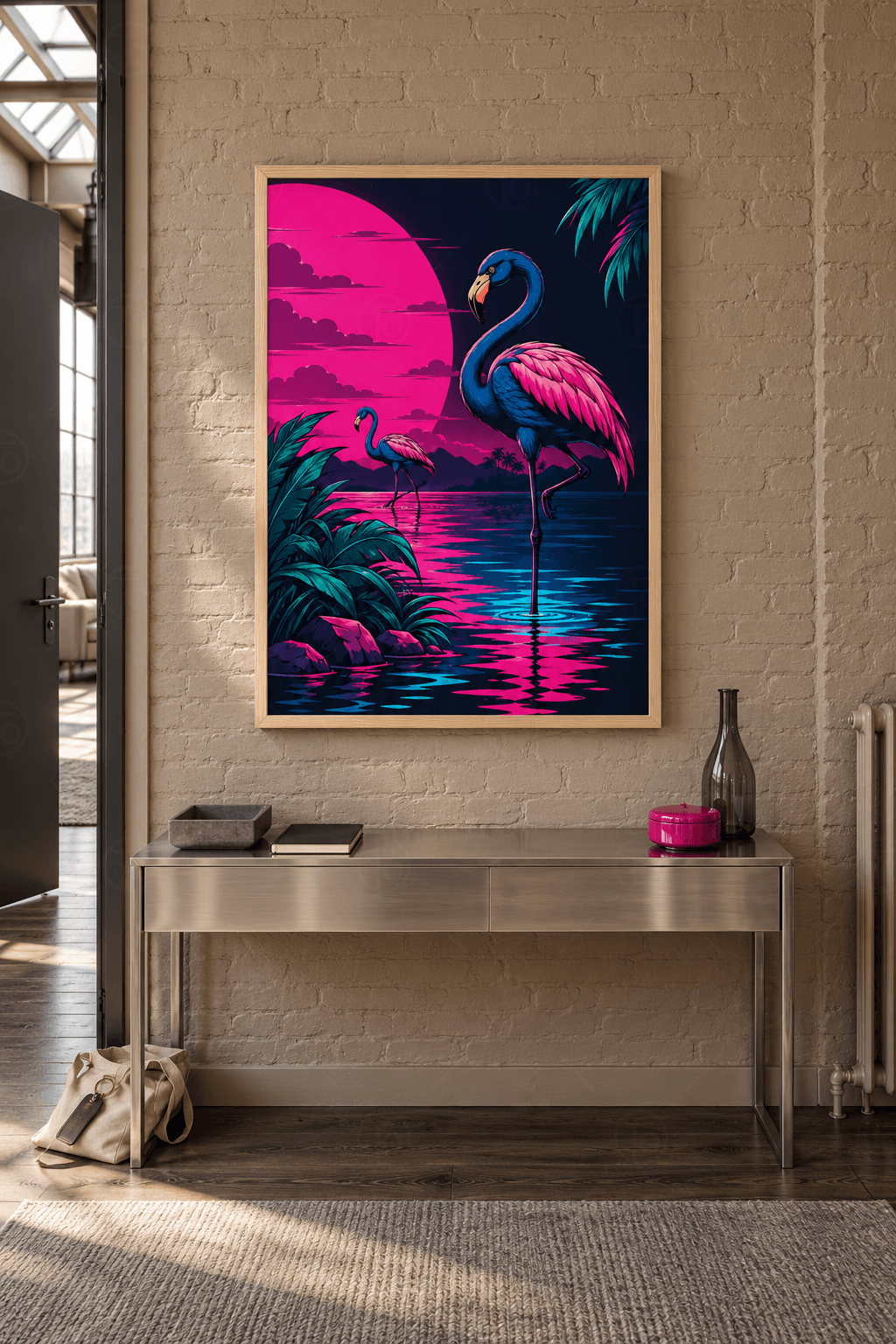 Ahşap çerçeveli flamingo tablosu — dev fuşya güneş önünde gölde duran pembe kanatlı iki lacivert flamingo ve palmiyeler