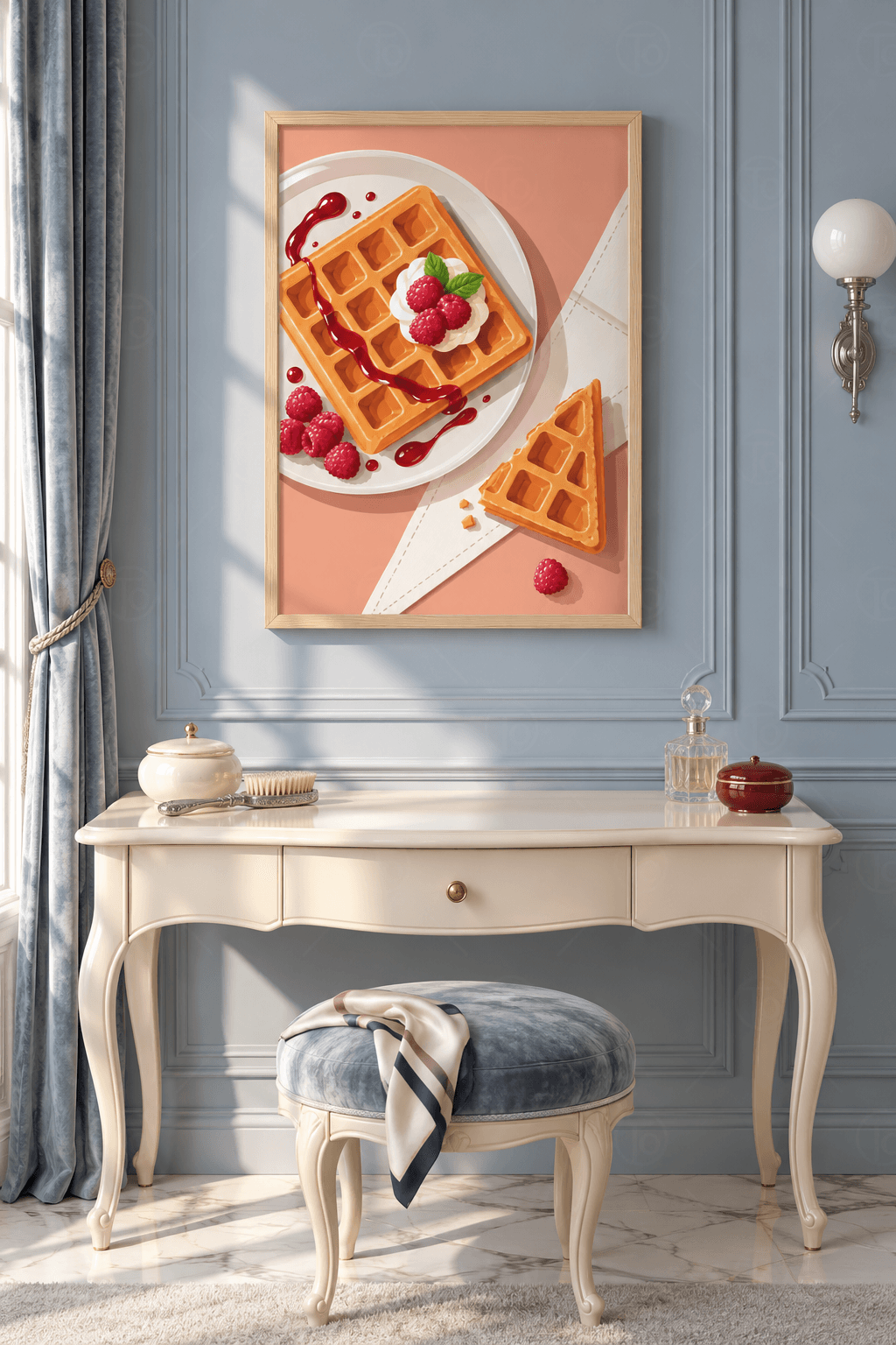 Ahşap çerçeveli waffle tablosu — somon pembesi zeminde kremalı, ahududulu kare waffle ve peçete üstünde üçgen dilim