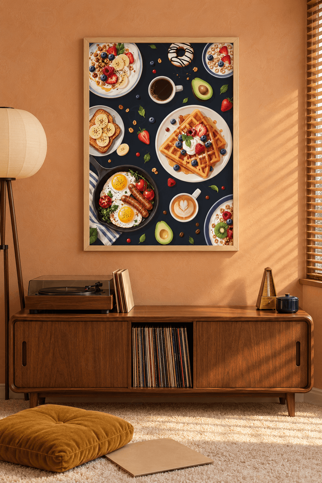 Ahşap çerçeveli kahvaltı tablosu — koyu masada waffle tabağı, yumurtalı döküm tava, latte, donut ve meyveli kaseler