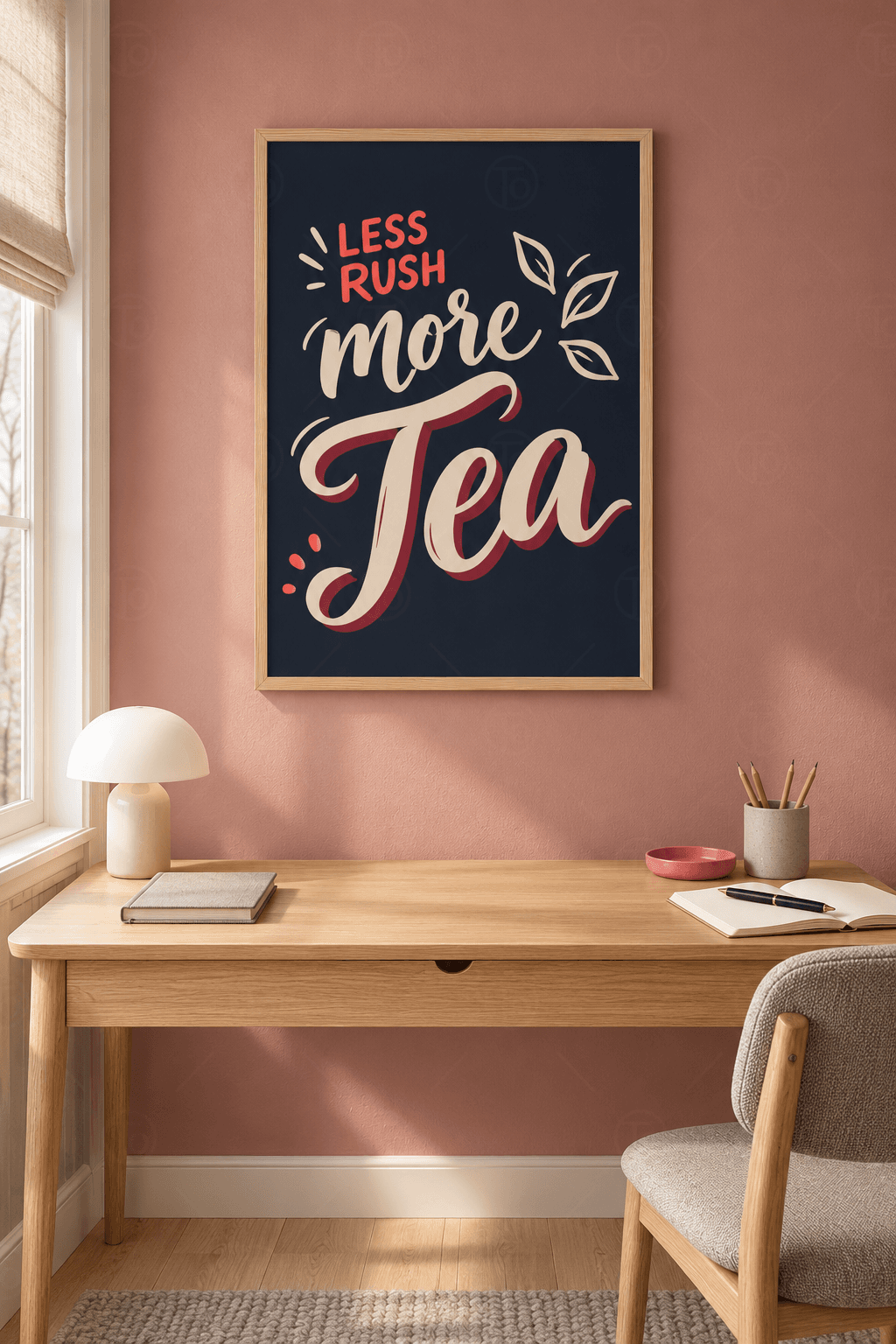 Ahşap çerçeveli tipografik çay tablosu — koyu lacivert zeminde mercan, krem ve bordo gölgeli Less Rush More Tea yazısı