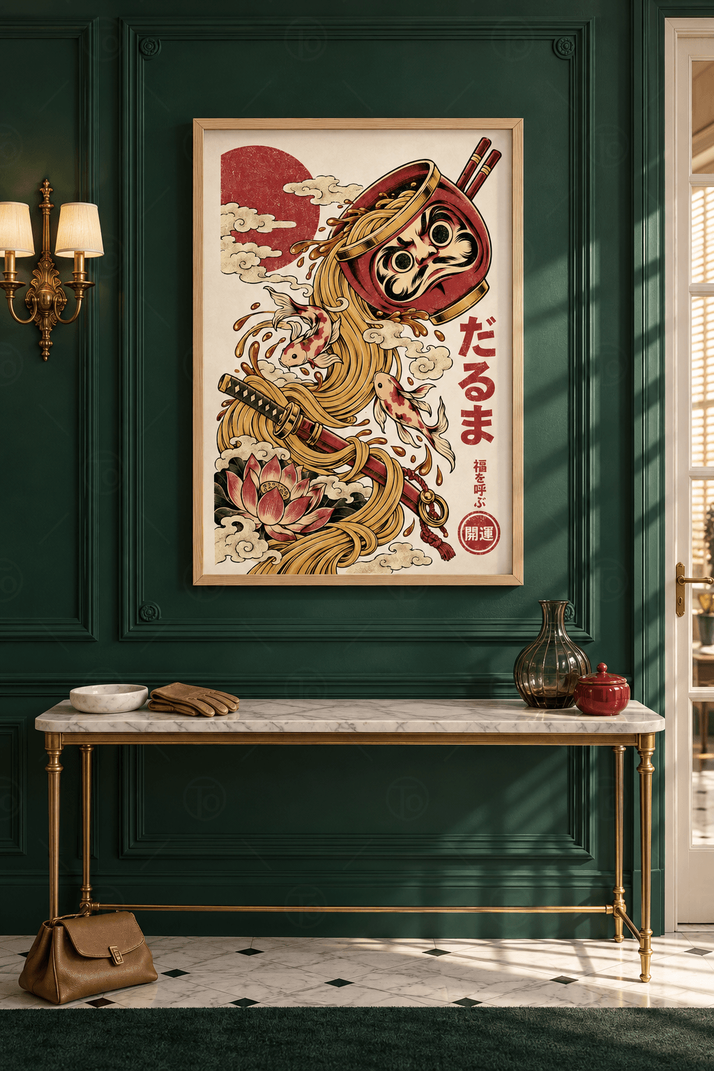Ahşap çerçeveli daruma tablosu — krem zeminde kase gibi eğilen kırmızı daruma, dökülen erişteler, iki koi ve pembe lotus