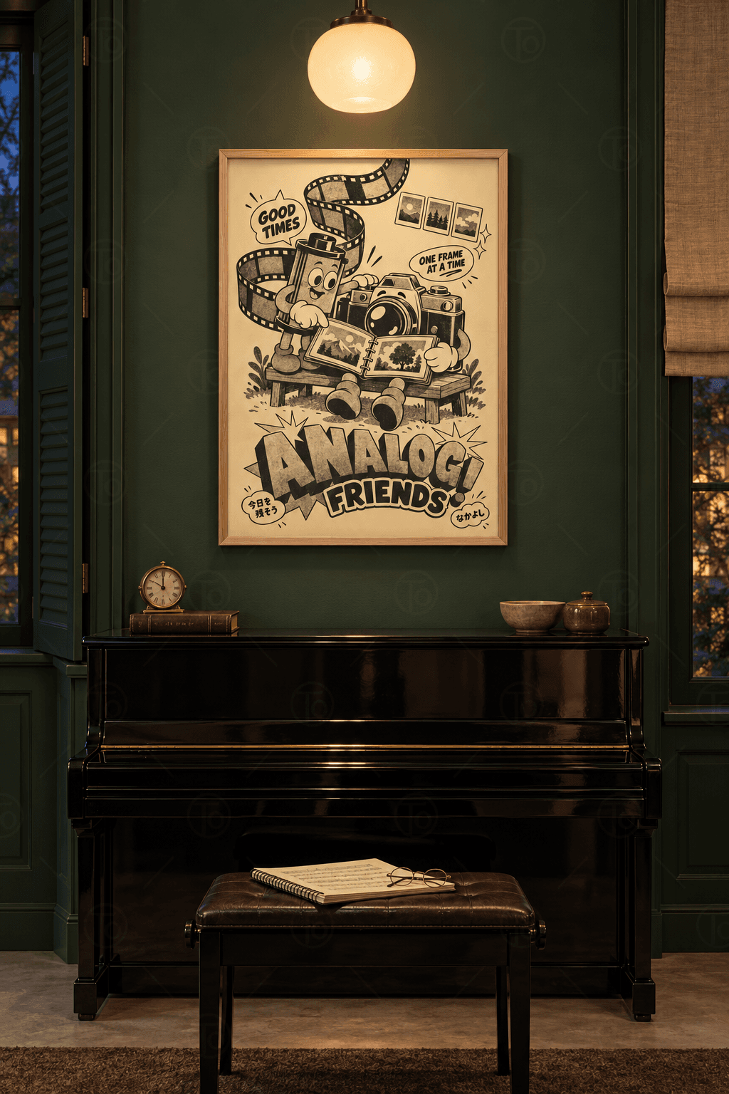Ahşap çerçeveli vintage kamera tablosu — bankta manzaralı albüme bakan film rulosu ve kamera karakterleri, sepya zemin