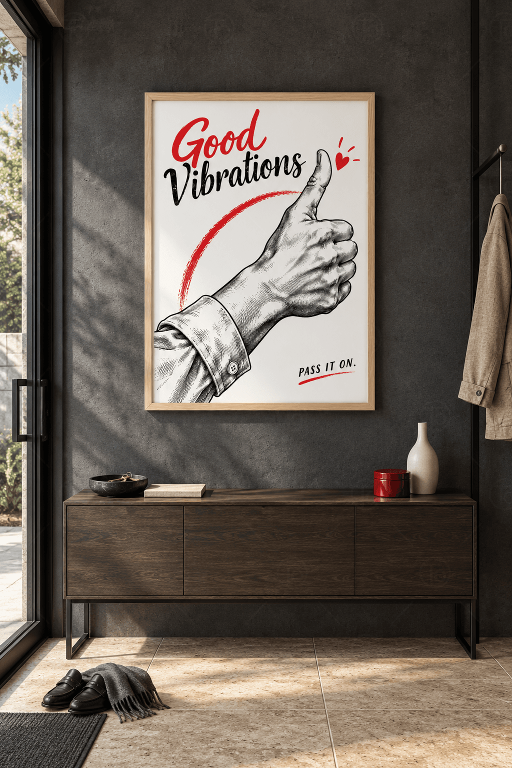 Ahşap çerçeveli Good Vibrations tablosu — beyaz zeminde gravür çizimi kalkık başparmak, kırmızı fırça yayı ve küçük kalp