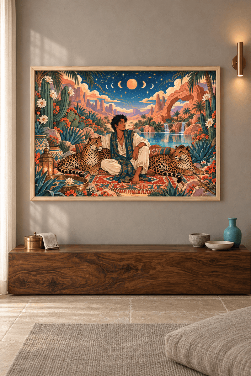 Ahşap çerçeveli figür tablosu — kilim üstünde oturan adam, iki yanında leoparlar ve ay evreleri