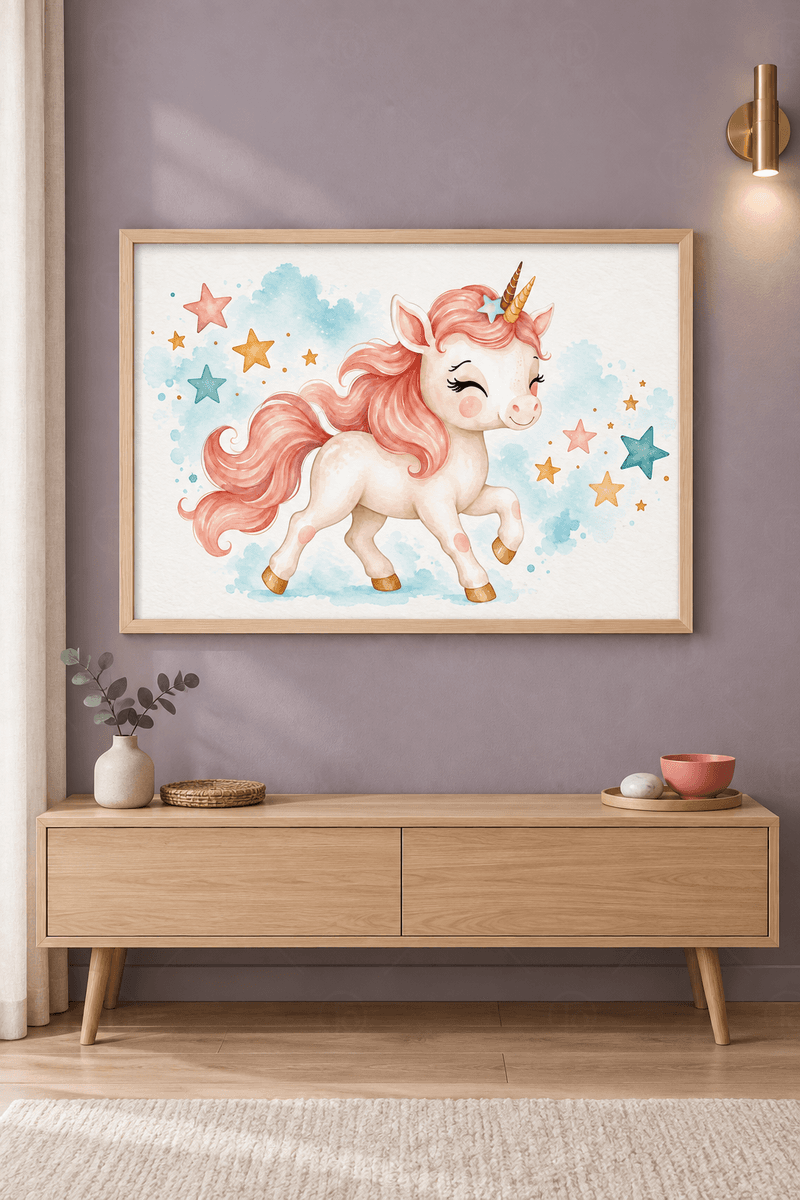 Ahşap çerçeveli unicorn tablosu — krem zeminde pembe yeleli unicorn, altın boynuz ve renkli yıldızlar