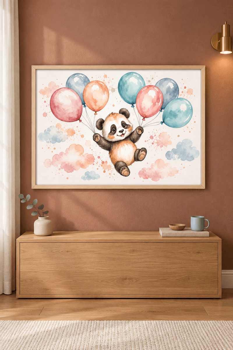 Ahşap çerçeveli panda tablosu — krem zeminde balon demetleri tutan panda yavrusu ve pudra pembe bulutlar
