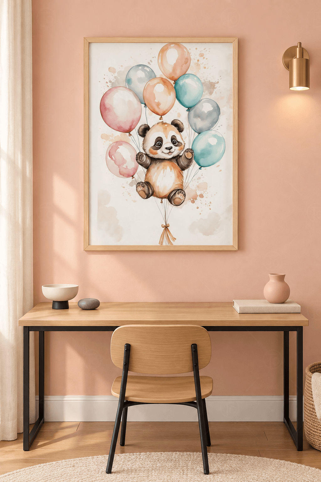 Ahşap çerçeveli çocuk tablosu — kırık beyaz zeminde ayakta duran panda yavrusu ve başının üstünde pastel balon demeti