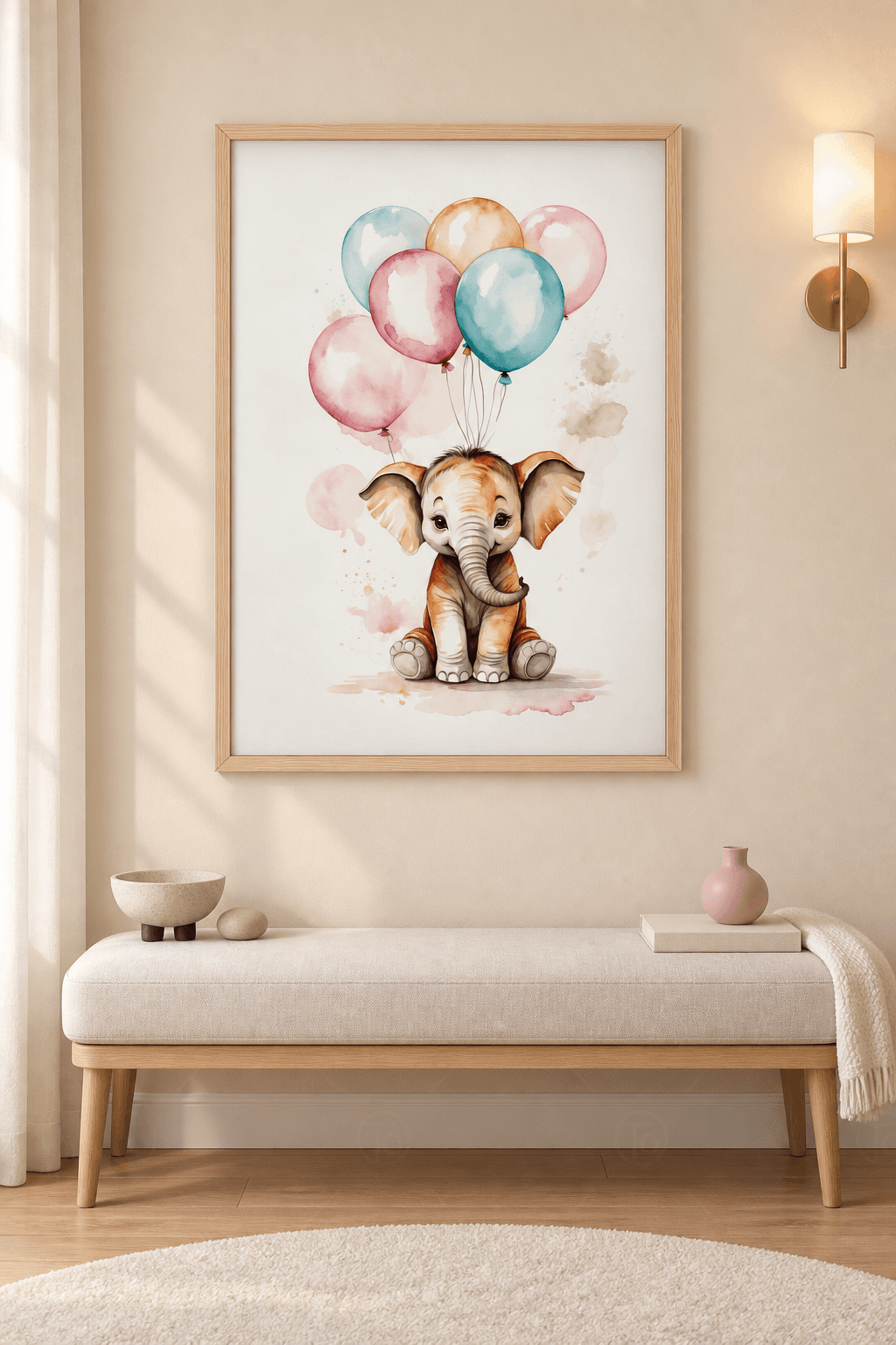 Ahşap çerçeveli çocuk tablosu — kırık beyaz zeminde hortumunu kaldırmış fil yavrusu ve pastel balon demeti