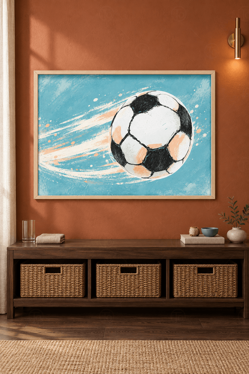 Ahşap çerçeveli futbol topu tablosu — turkuaz dokulu zeminde siyah beyaz top ve sola uzanan hareket izleri
