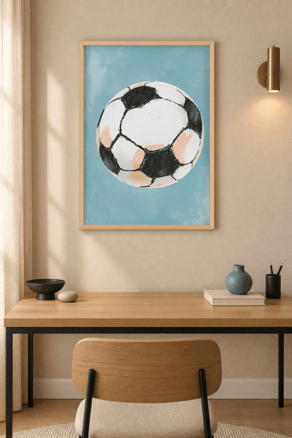 Ahşap çerçeveli futbol tablosu — turkuaz zeminde kalem taramasıyla çizilmiş siyah beyaz futbol topu