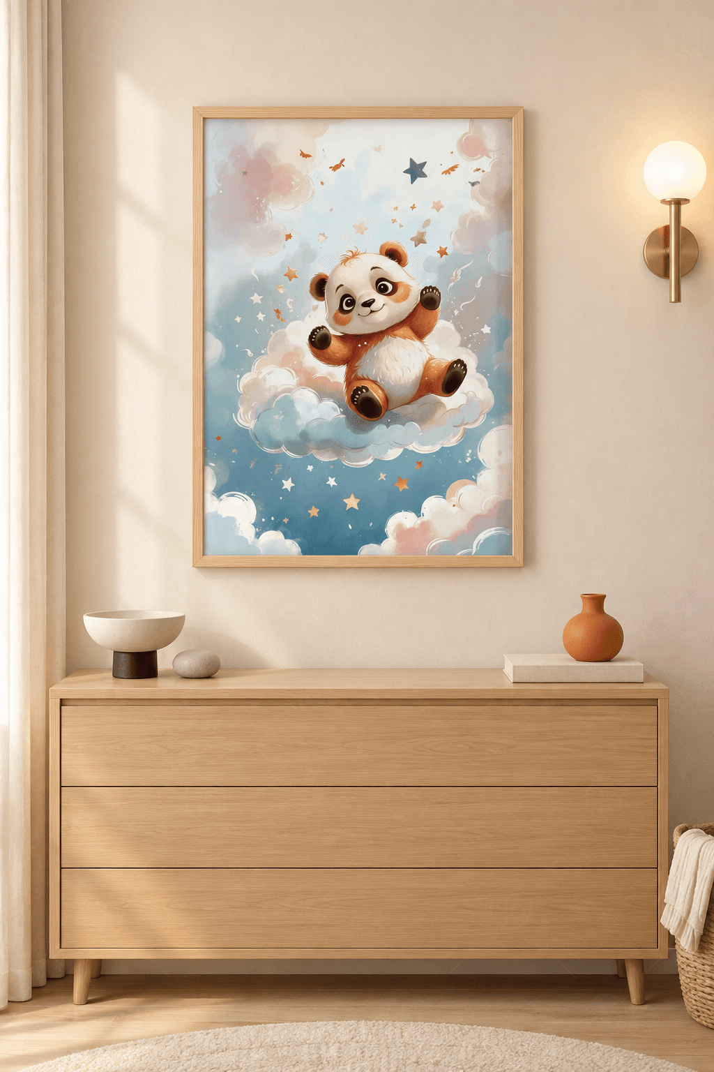 Ahşap çerçeveli panda tablosu — mavi gökyüzünde bulut üstünde oturan tarçın kahvesi lekeli panda yavrusu