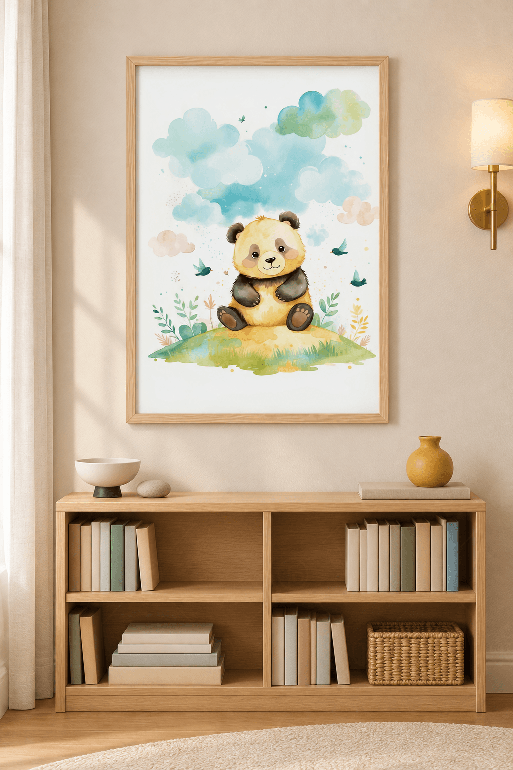 Ahşap çerçeveli panda tablosu — beyaz zeminde pastel bulutlar altında çimen tepede oturan bal rengi panda