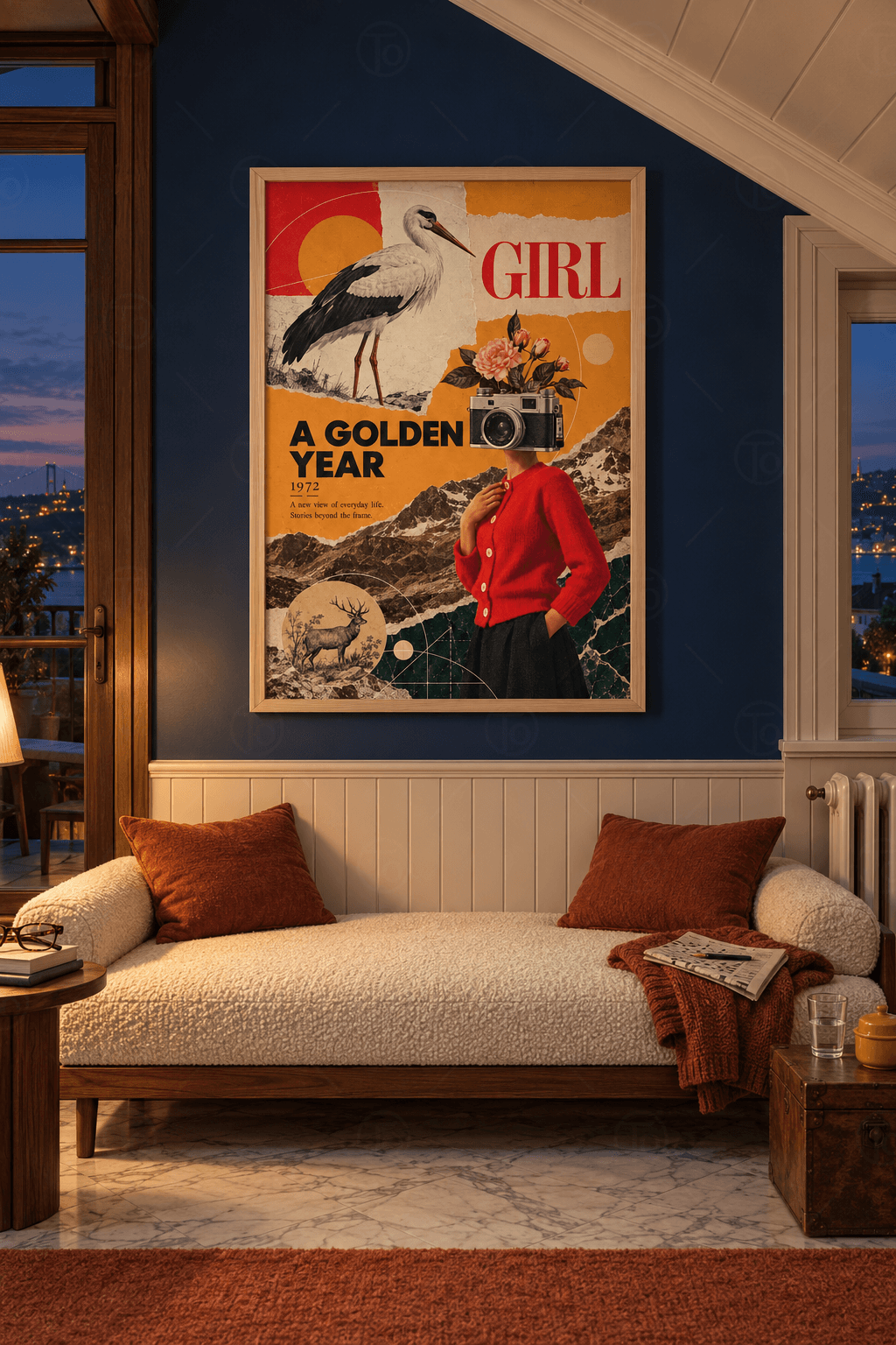 Ahşap çerçeveli retro afiş tablosu — turuncu kolajda leylek, geyik çizimi, kırmızı GIRL başlığı ve başı kamera olan figür