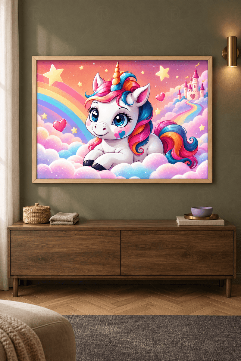 Ahşap çerçeveli unicorn tablosu — pembe bulutlara uzanmış beyaz unicorn, gökkuşağı yele ve pembe şato