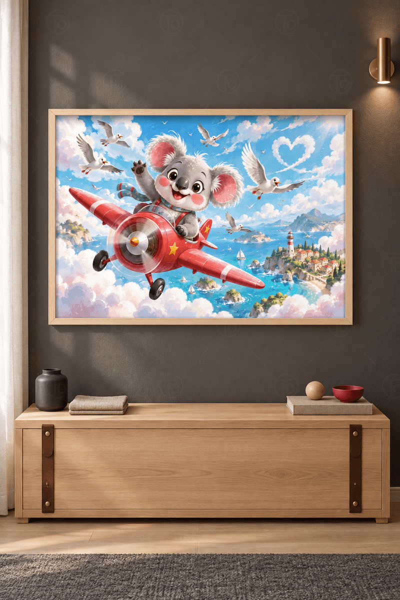 Ahşap çerçeveli koala tablosu — kırmızı uçakta atkılı koala, martılar ve deniz fenerli kıyı kasabası