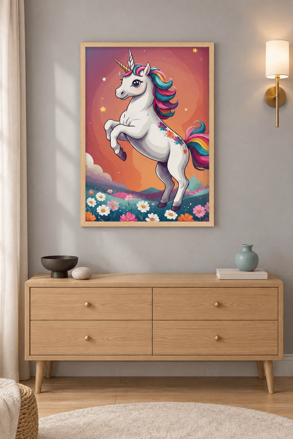 Ahşap çerçeveli masal tablosu — mercan gökte şahlanan beyaz unicorn, gökkuşağı yele ve altta papatyalı çayır