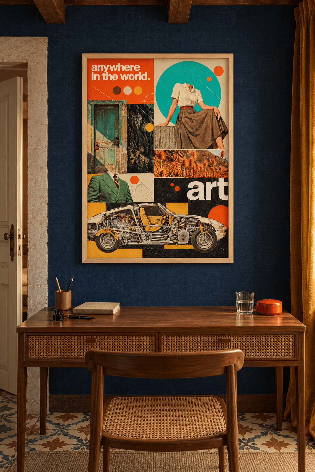 Ahşap çerçeveli tipografik kolaj tablosu — art yazısı, yeşil eski kapı, başsız retro figürler ve kesitli beyaz spor araba