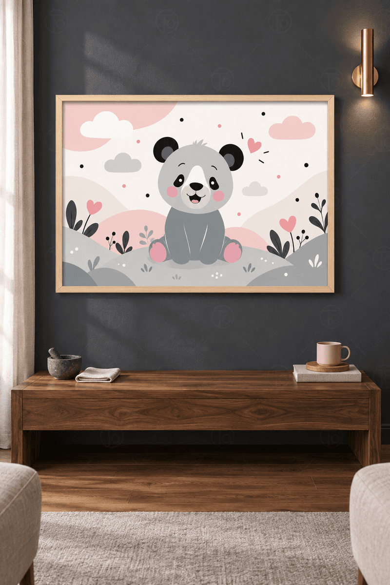 Ahşap çerçeveli panda tablosu — krem zeminde oturan gri panda, pembe kalpler ve koyu yapraklar