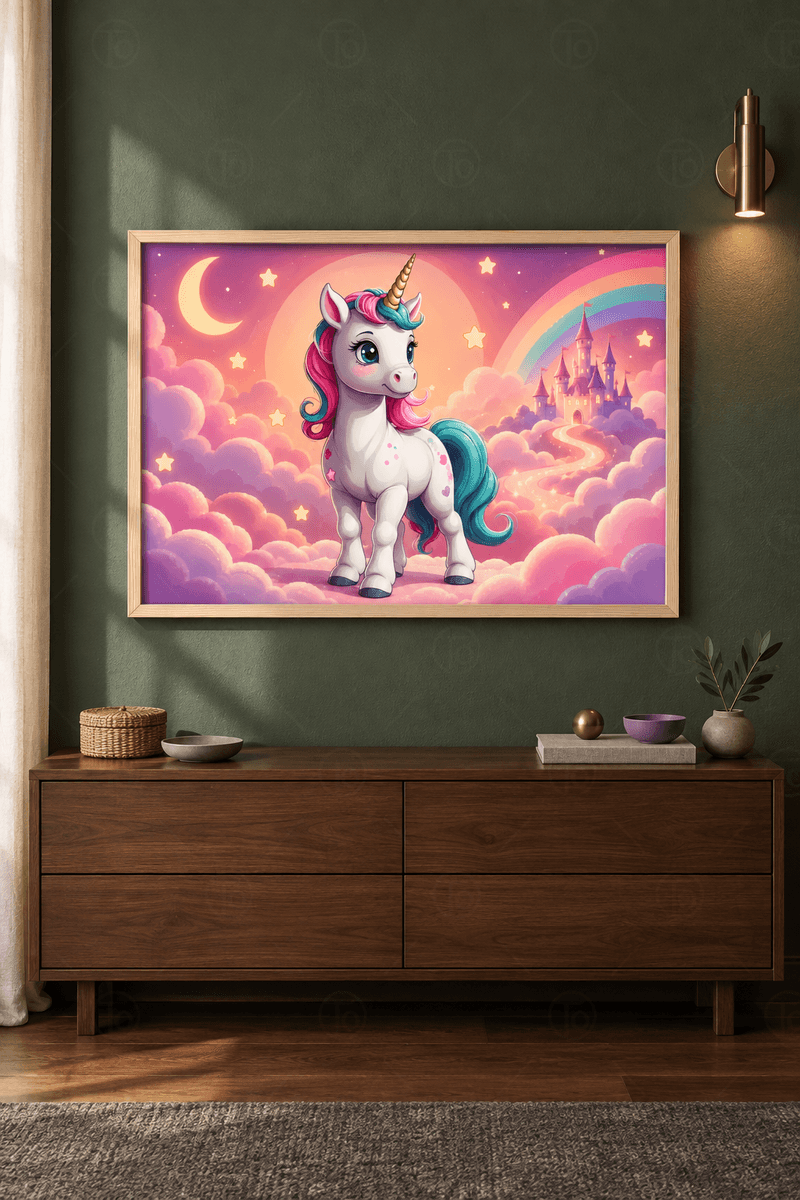 Ahşap çerçeveli unicorn tablosu — pembe bulutlarda fuşya yeleli unicorn, gökkuşağı ve şato