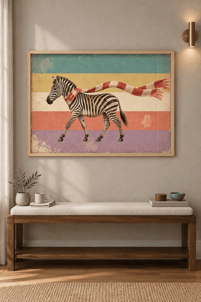 Ahşap çerçeveli zebra tablosu — retro renk şeritleri önünde kırmızı beyaz atkı takmış yürüyen zebra