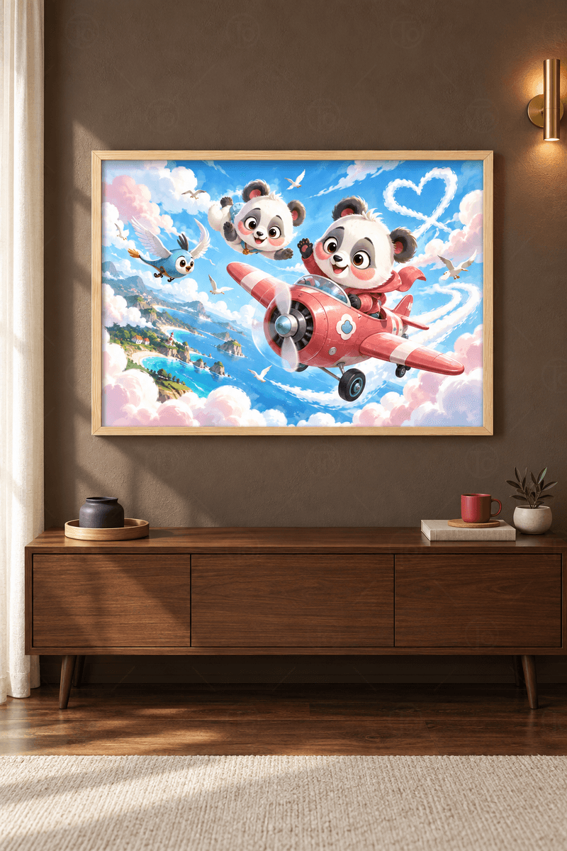 Ahşap çerçeveli panda tablosu — kırmızı uçakta el sallayan iki panda, martılar ve kalp bulutu
