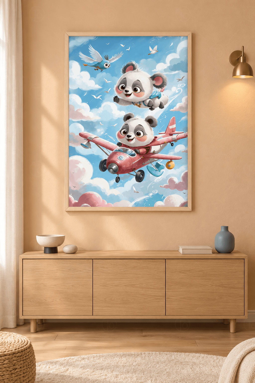 Ahşap çerçeveli çocuk odası tablosu — mavi gökte pembe uçaktaki panda, üstünde süzülen ikinci panda ve martılar