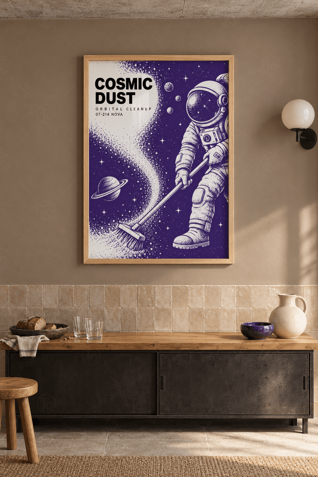 Ahşap çerçeveli astronot tablosu — mor zeminde beyaz yıldız tozu süpüren astronot, halkalı gezegen ve Cosmic Dust yazısı