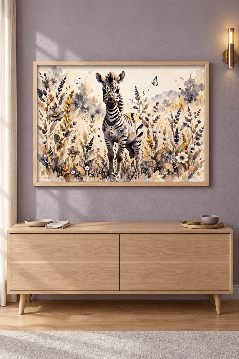 Ahşap çerçeveli zebra tablosu — krem zeminde hardal başaklar ve lila çiçekler arasında ayakta zebra