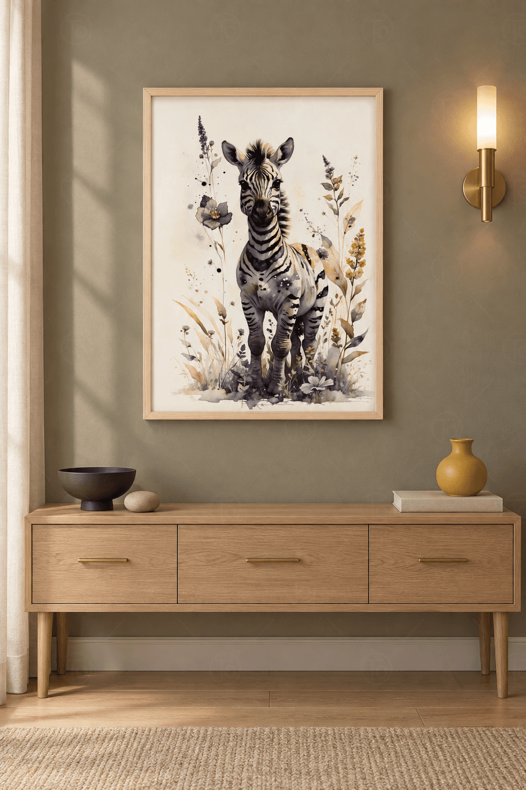 Ahşap çerçeveli zebra tablosu — krem zeminde ayakta duran zebra, lila kır çiçekleri ve hardal salkımlar
