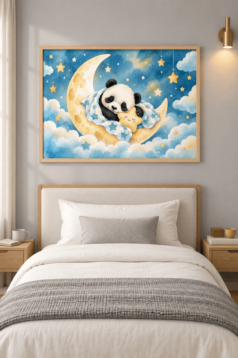 Ahşap çerçeveli panda tablosu — gece mavisi gökte krem hilalde yorganla uyuyan panda ve yıldız yastık